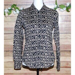 Lauren Ralph Lauren Ladies Brown Beige Button Up Geo Print Shirt Size S Non Iron
